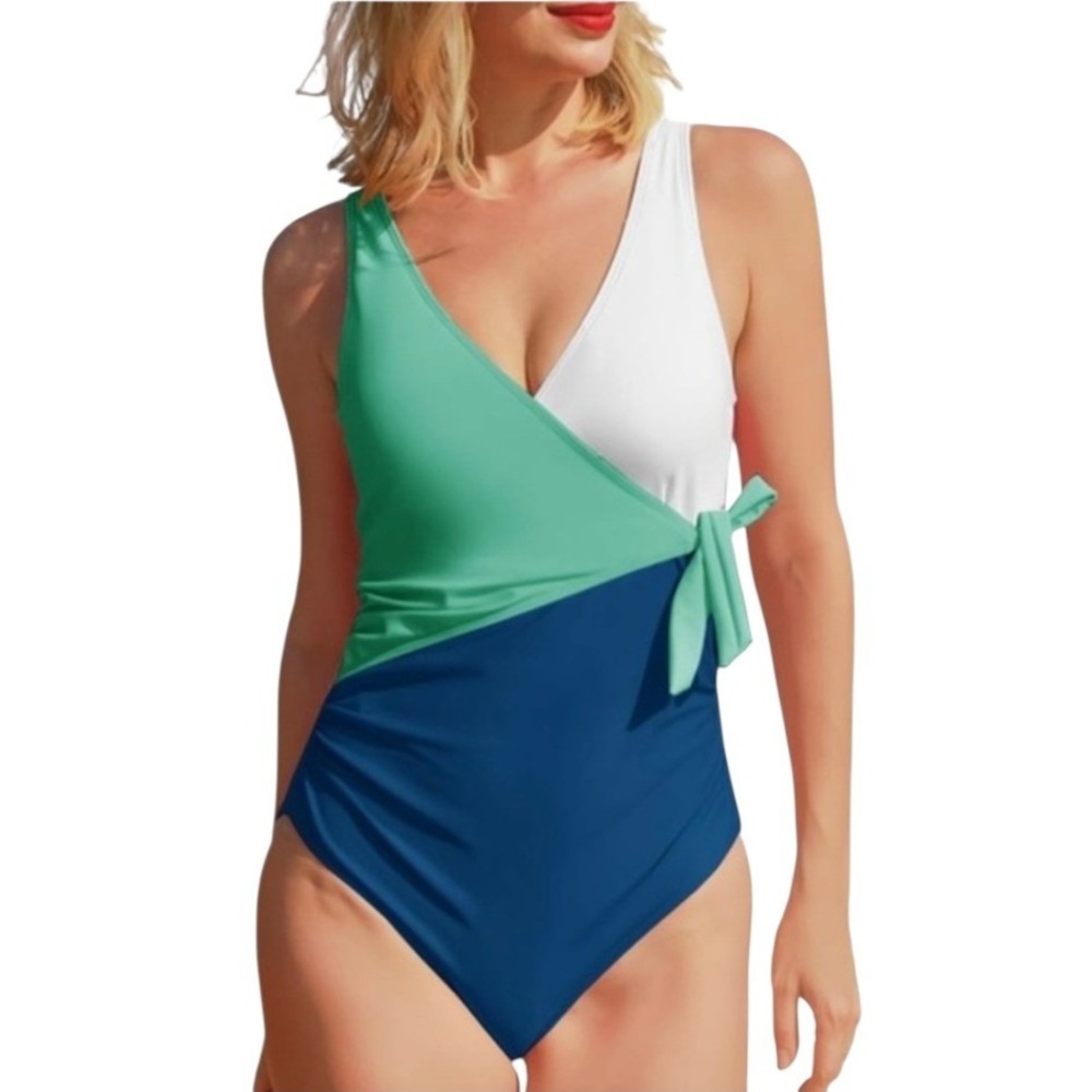 Summer Mae Womens One Piece Swimsuit Colorblock Wrap Side Tie Teal Navy XL NEW